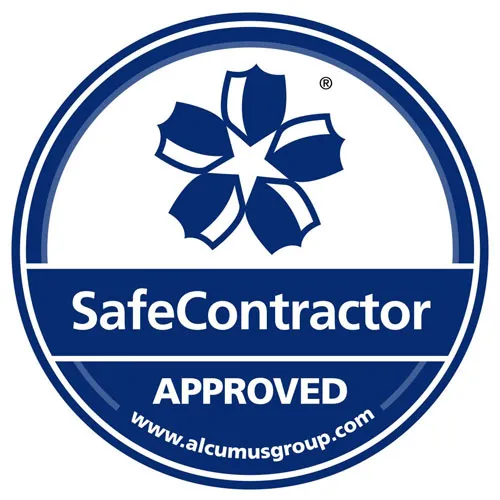 A blue seal with the words safecontractor approved.