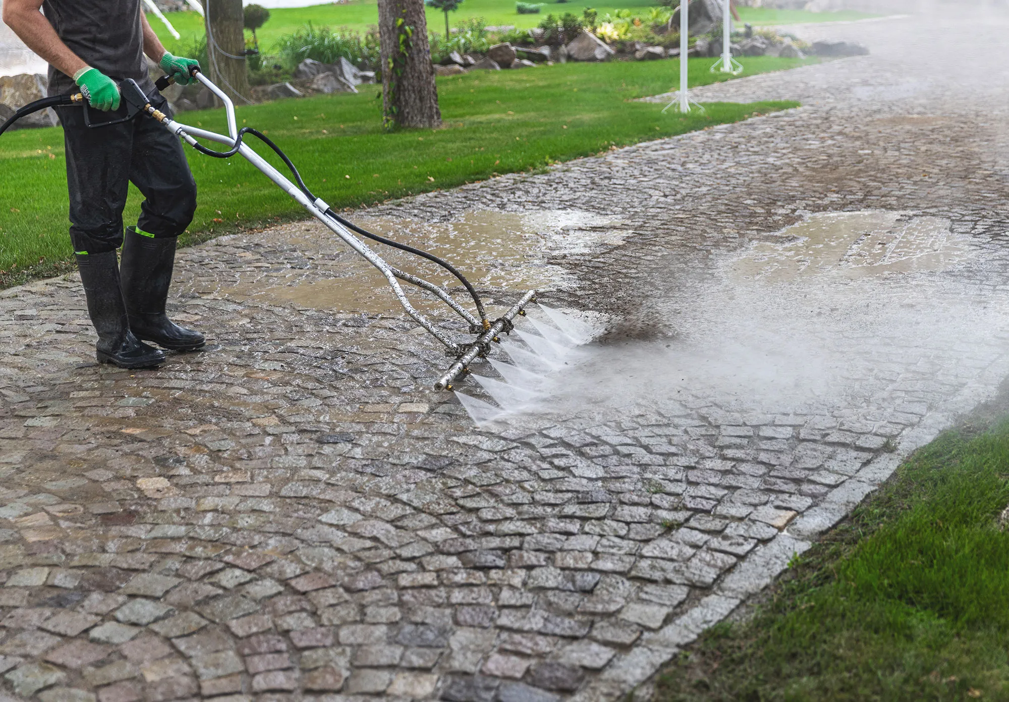 A man using a pressure washer to clean a sidewalk.