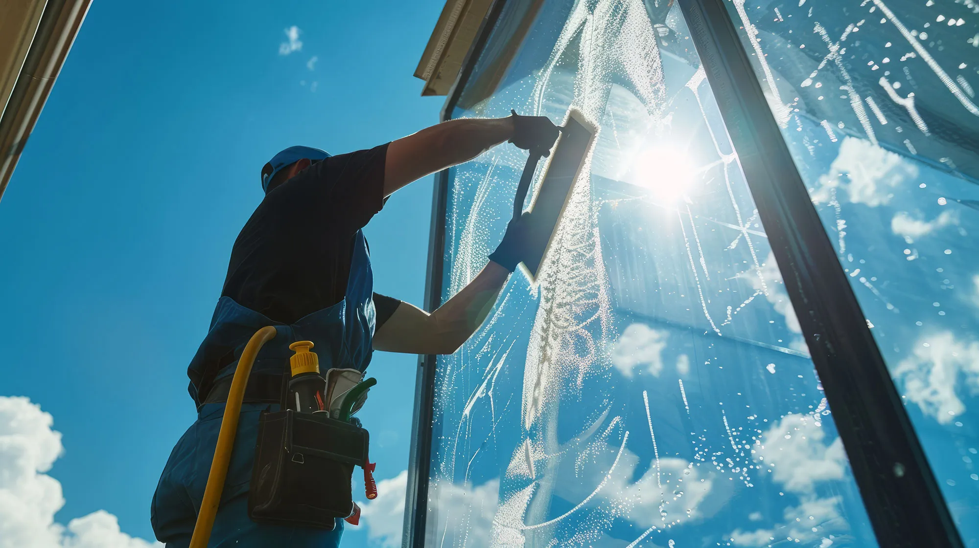 A man is painting the outside of a window.