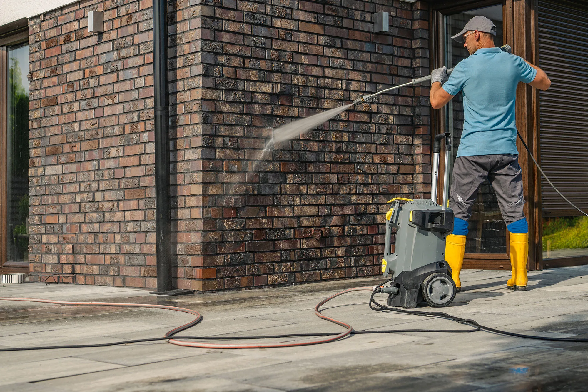 A man using a pressure washer on a sidewalk.