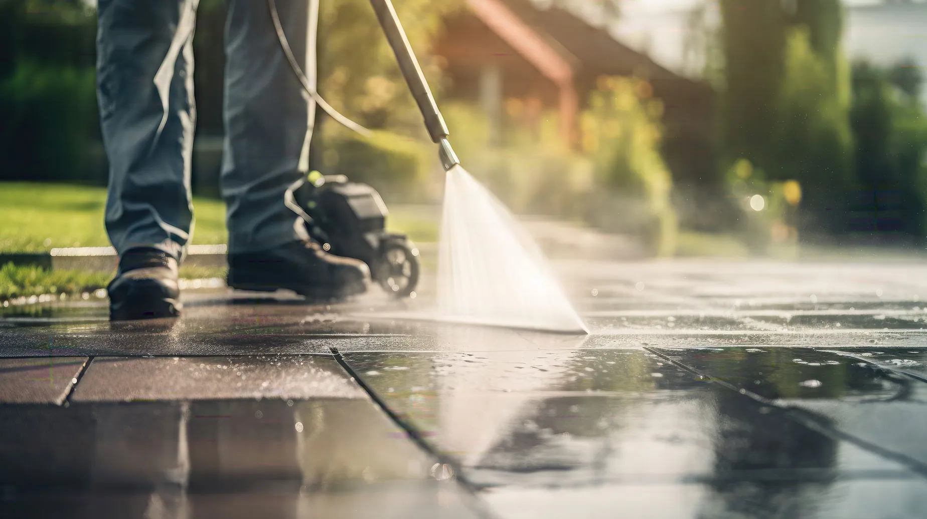 A man is using a vacuum to clean the sidewalk.